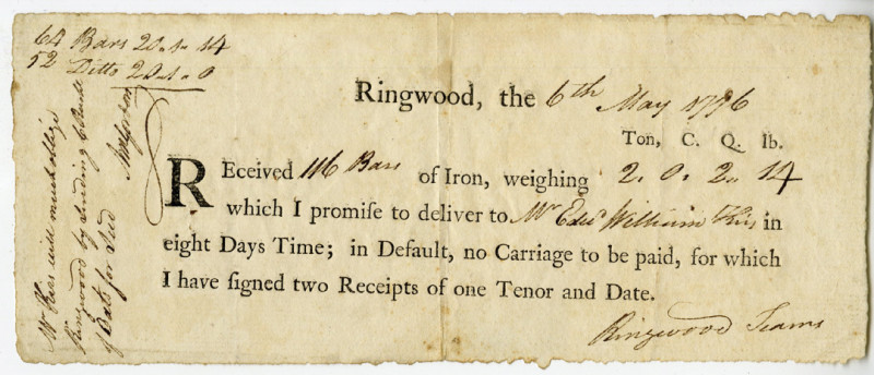 Ringwood, New Jersey. May 6th, 1776. Type-set and handwritten receipt for 116 ba...