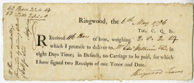 Ringwood Iron Works, May 6th, 1776 Receipt Issued 2 Months Before the U.S. Declared Independence from England.