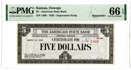 American State Bank, 1933 Depression Scrip Remainder Note