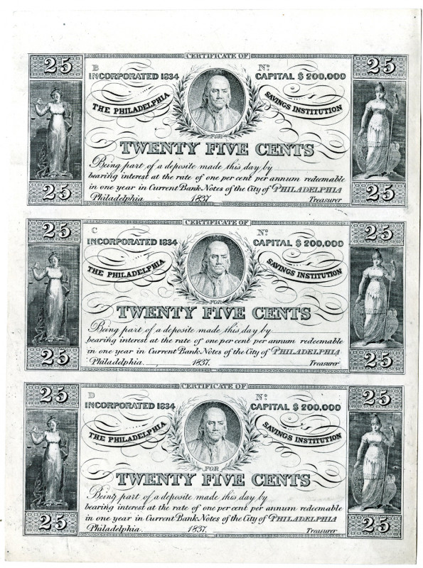 Pennsylvania, 1837 (Reprinted ca. 1920-30's). Uncut proof sheet on thick paper o...