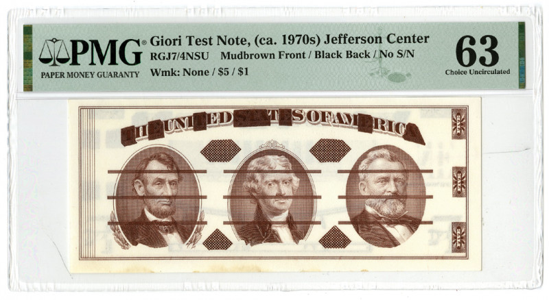 Giori Test Note, (ca.1960-70s) with Jefferson at Center. Mud brown Front and bla...