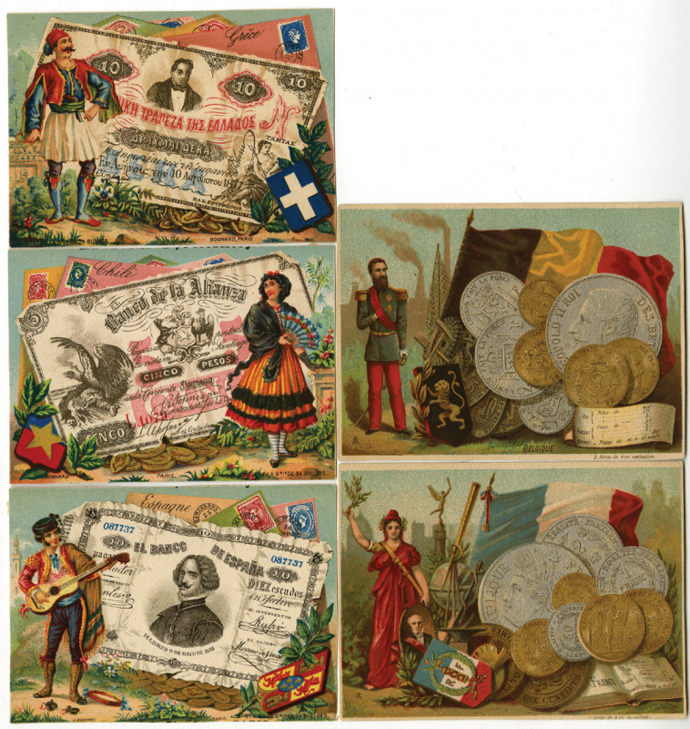 ca. 1870-1900s. 5 pieces of colorful advertising cards with coin and banknote th...