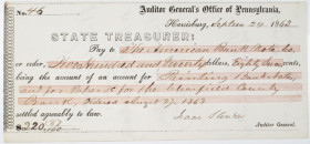 American Bank Note Company 1863 Issued Warrant by the Pennsylvania State Treasurer for Banknote Printing & Endorsed by Robert Draper.