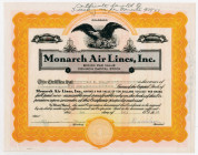 Monarch Air Lines, Inc., 1946 Issued Stock Certificate