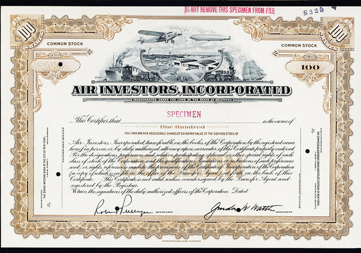 Delaware, ND (1930s). 100 Shares Specimen Stock Certificate, Black text with bro...