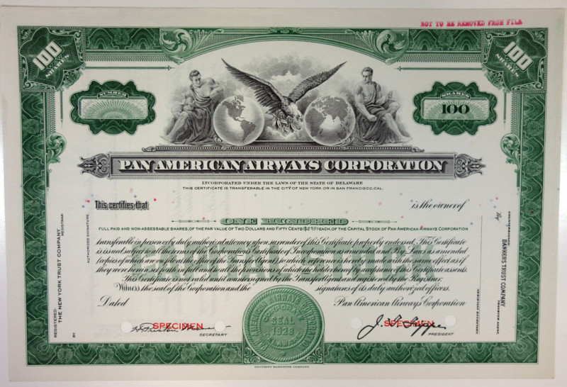 Delaware. 100 Shares Capital Stock Specimen Certificate, Black print on green bo...
