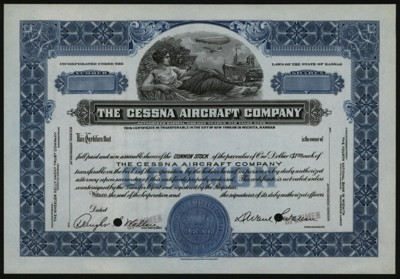 Kansas. Odd Shares Common Stock Specimen Certificate, Specimen stock certificate...