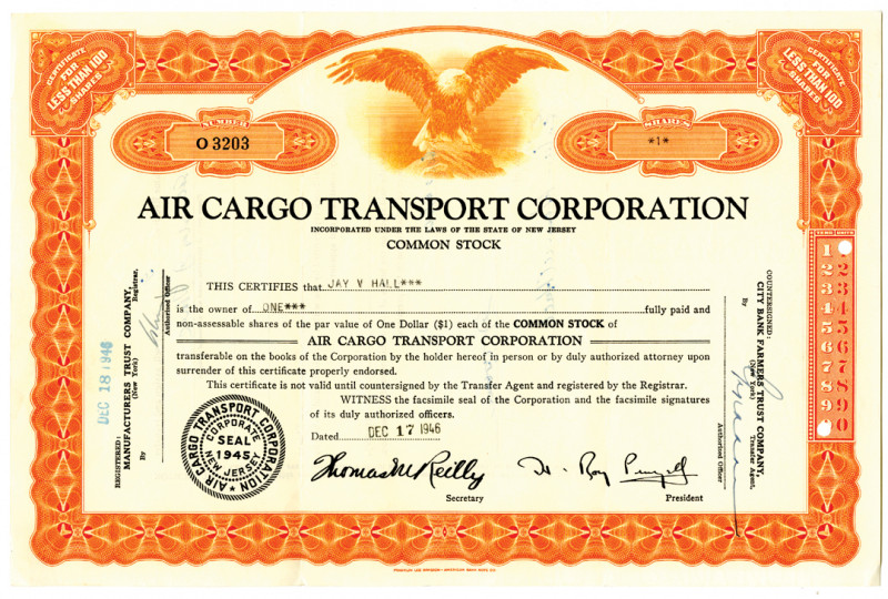 New Jersey, 1946. 1 Share I/U Stock Certificate, Black text with orange border, ...