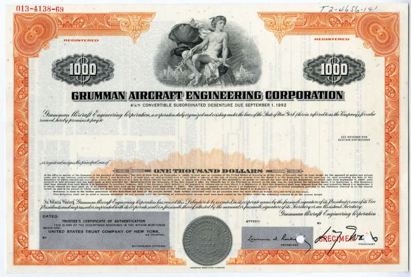 New York, 1999. $1,000 Registered 4 1/4% Specimen Bond. Black and orange printin...