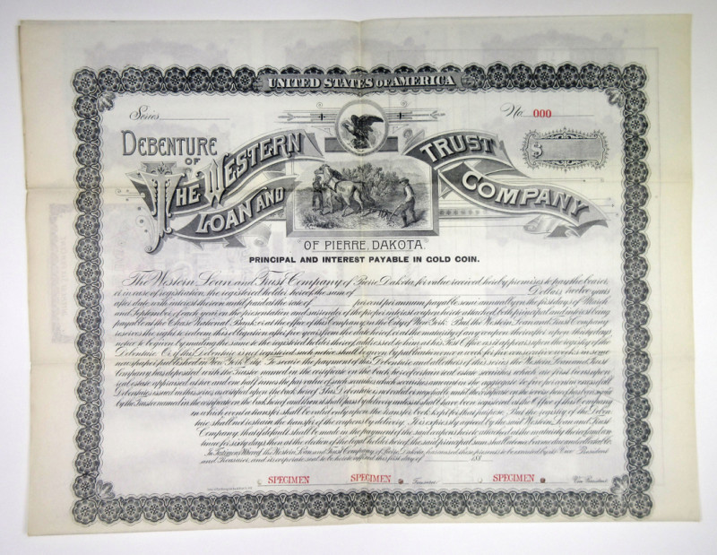 Pierre, Dakota Territory, ND (1880s). $Odd Specimen 6% Debenture Coupon Bond, Bl...