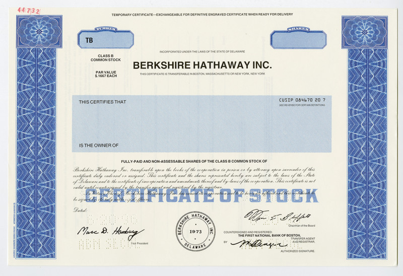 Nebraska (Inc. in Delaware), 1973 (Issued in 1996), Specimen Class B Common Stoc...