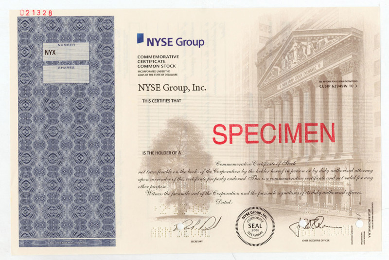 New York, 2006. Odd Shares Specimen Commemorative Stock Certificate, Black text ...