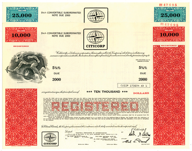 Delaware, 1975. 2 pieces: $10,000 Specimen 5.75% Registered Convertible Subordin...