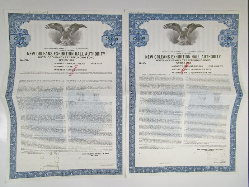 Louisiana, 1983. Two pieces: $25,000 Specimen 9.75% Hotel Occupancy Tax Refundin...