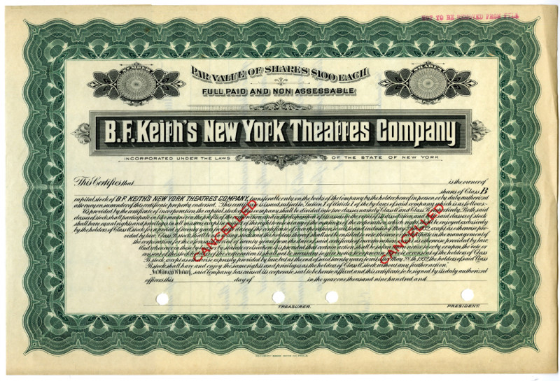 New York, ND (1910-20s). Class B Capital Stock Specimen Certificate. Black and g...