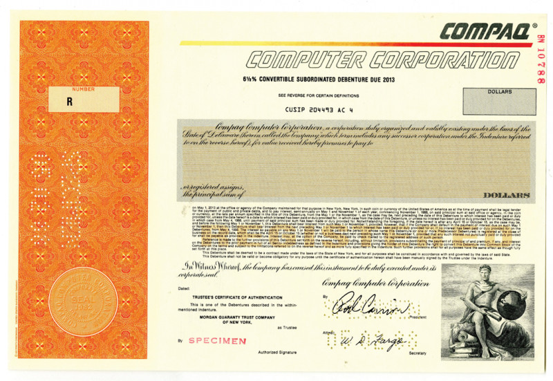 Delaware, 1988. $Odd Specimen 6.5% Registered Convertible Subordinated Debenture...