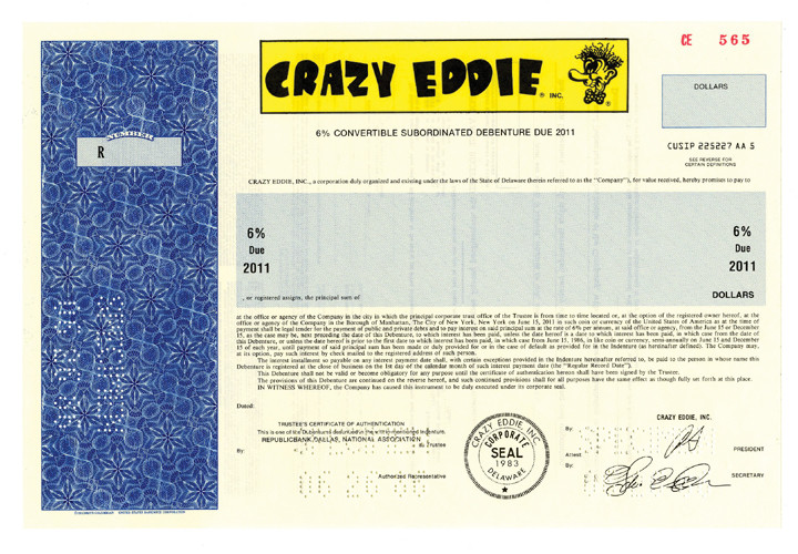 Delaware. $-Odd Amount Specimen 6% Convertible Subordinated Debenture Bond. Blac...