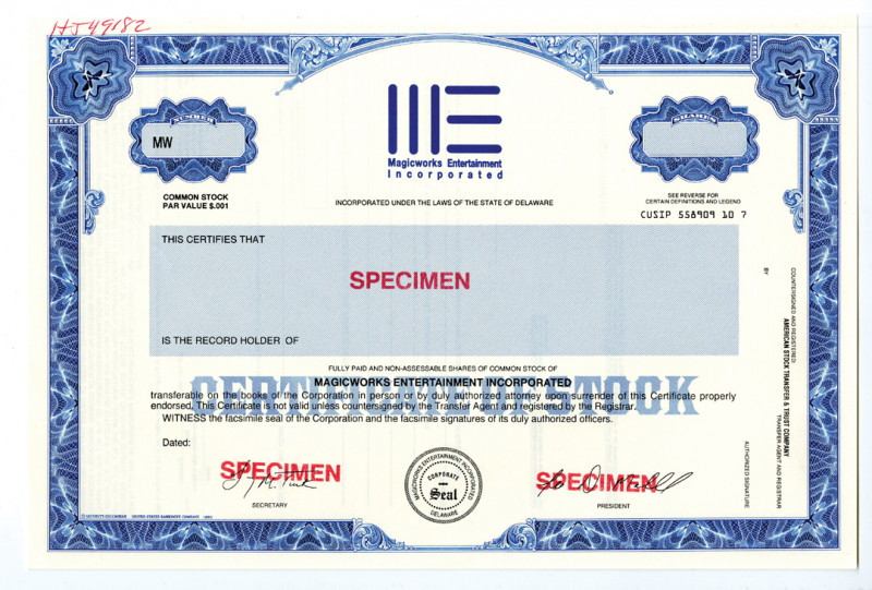 Delaware, 1996 Odd Shares Specimen Stock Certificate, Black text with blue borde...