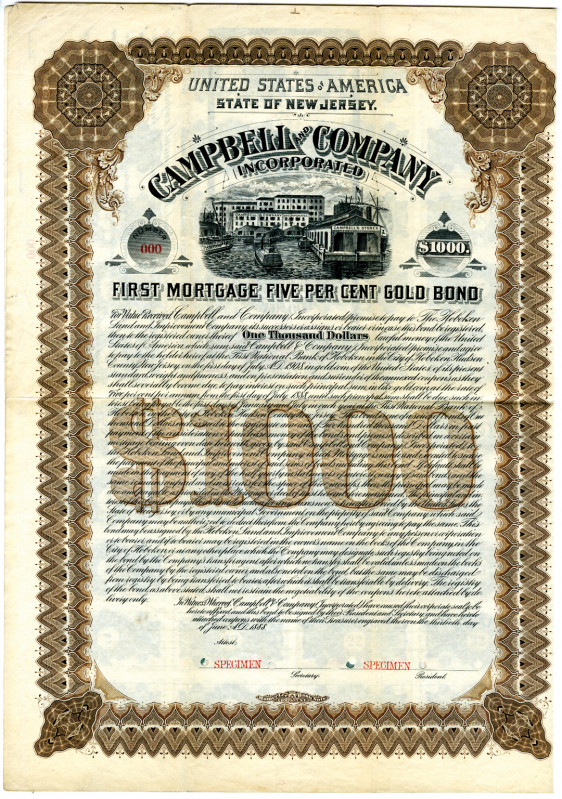 New Jersey, 1888. $1,000 Specimen 5% First Mortgage Gold Coupon Bond. Black prin...