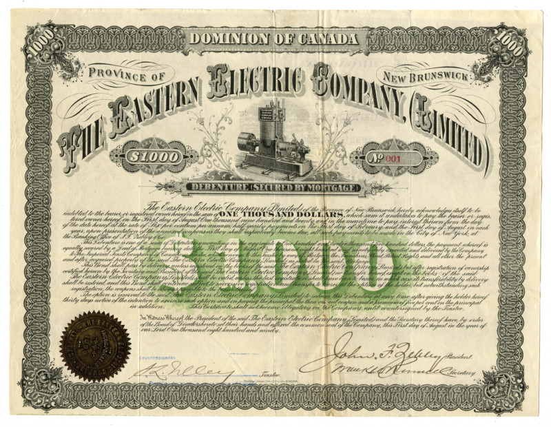 New Brunswick, Canada. $1000, I/U 6% Coupon Bond, Black with green underprint, O...