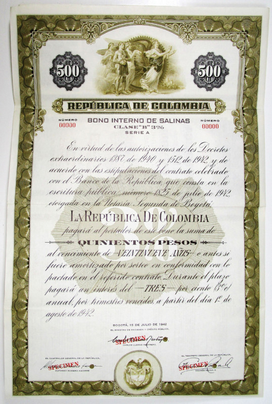 Colombia, 1942. 500 Pesos Specimen 3% Coupon Bond in Spanish, Black text with ol...