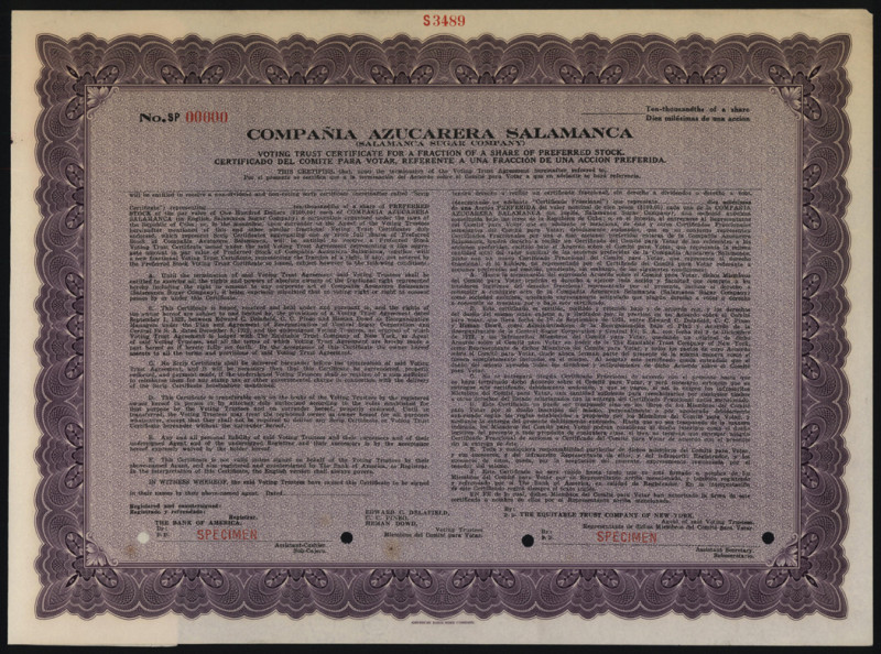 Cuba, 1923, Odd Shares, Specimen Stock, Black on purple border and underprint, N...