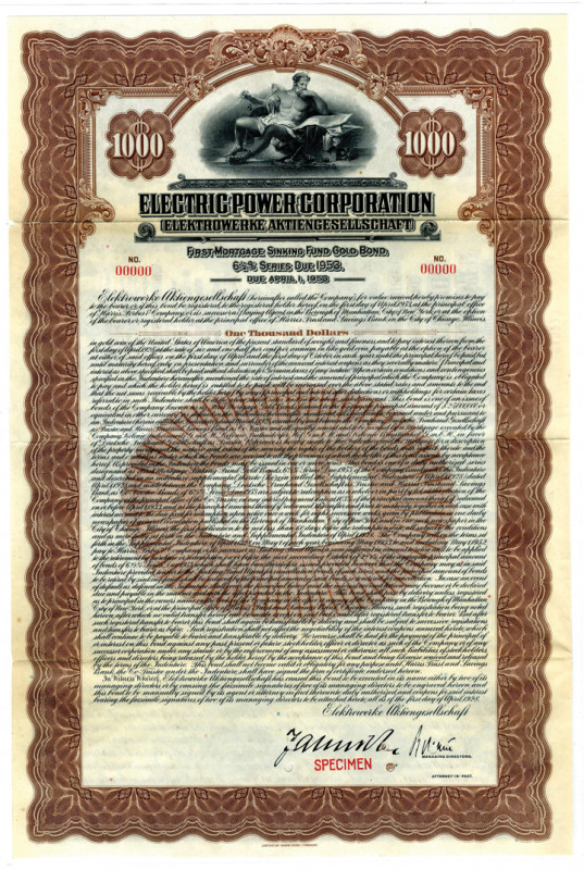 Germany. $1000 Specimen 6 1/2% 1st Mortgage Sinking Fund Gold Coupon Bond, Black...