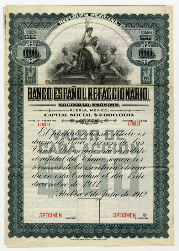 Mexico. 100 Pesos = 1 Share, Specimen Share Certificate with dividend coupons, B...