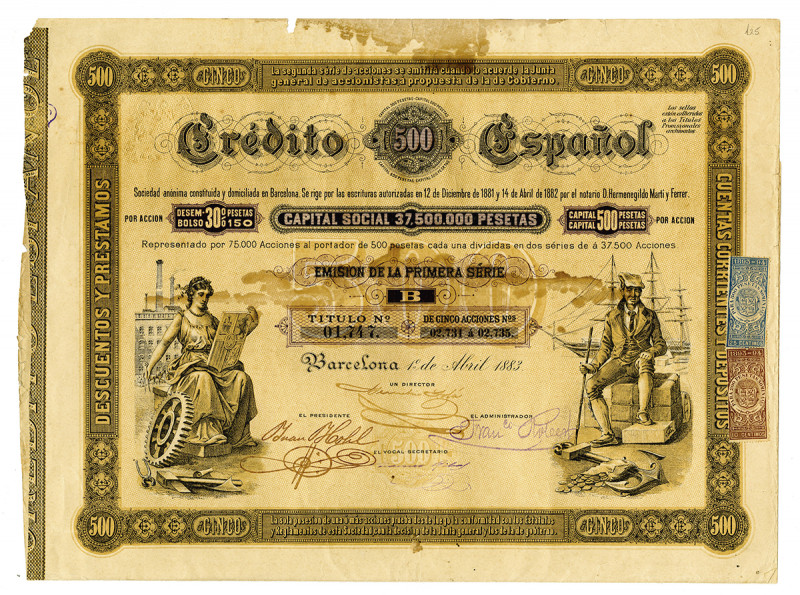 Barcelona, Spain. 500 Pesetas = 5 Acciones bond, issued 1883, allegorical woman ...