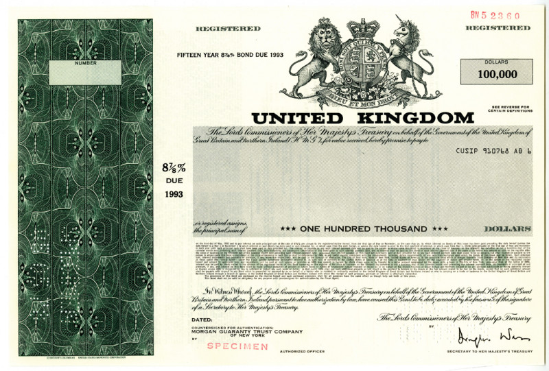 United Kingdom, 1978. $100,000 Specimen 8 7/8% Registered Bond, Black text with ...