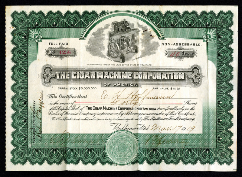 Delaware. 40 Shares I/U Capital Stock Certificate, Black text with green border,...