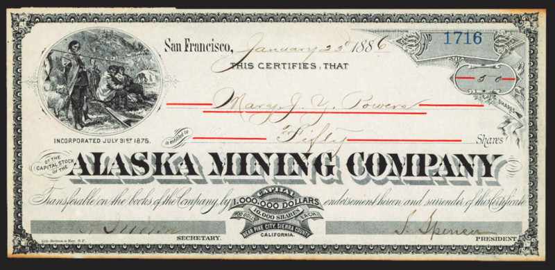 Alaska and San Francisco, CA. 1886. 50 Shares. I/U stock. Small format with blac...