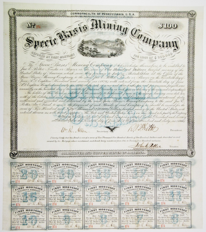 Arizona (Inc. in Pennsylvania), 1866. $100, I/U, 7 3/10% First Mortgage Coupon B...