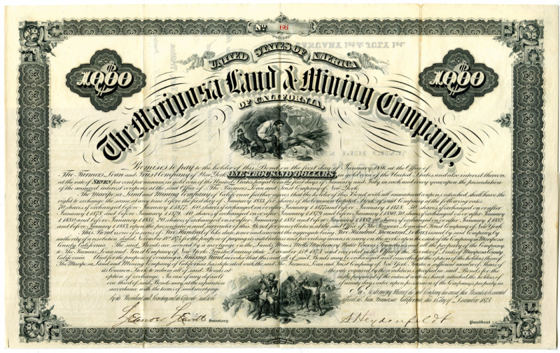 California, 1875. $1000 I/U 7% Coupon Bond, S/N 66, Black text with black border...