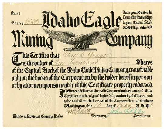 Idaho. 5,000 Shares Capital Stock I/U Certificate, Large type black print withou...