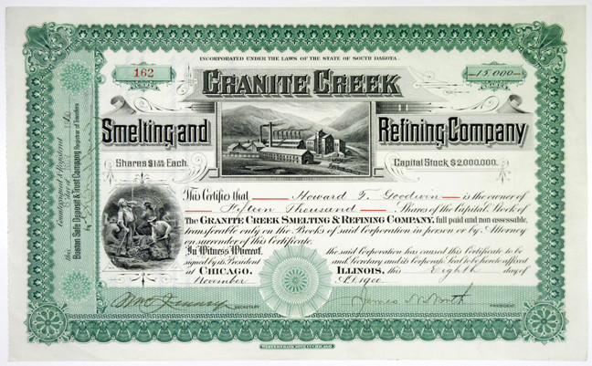 South Dakota, 1900. 15,000 Shares I/U Capital Stock Certificate, Black text with...