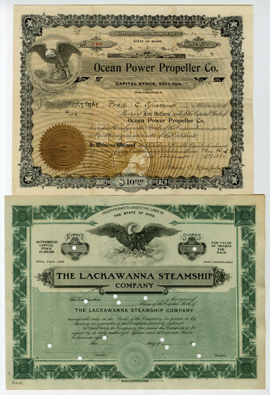 Maine & Ohio, 2 pieces: Ocean Power Propeller Co., 1896 5 Shares I/U Capital Sto...