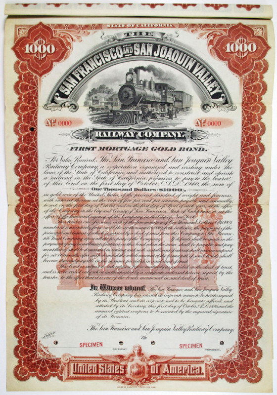 California, 1896. $1000 Specimen 5% First Mortgage Gold Coupon Bond, Black text ...