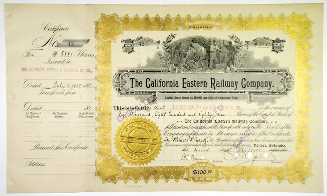 Denver, Colorado, 1902. 5,881 Shares I/C Capital Stock Certificate, (The value w...