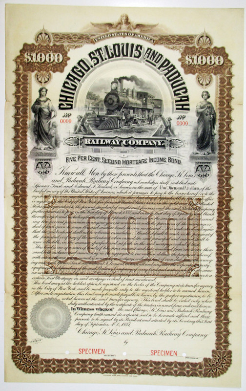 Illinois, 1887. $1000 Specimen 5% Second Mortgage Income Bond, Black text with b...