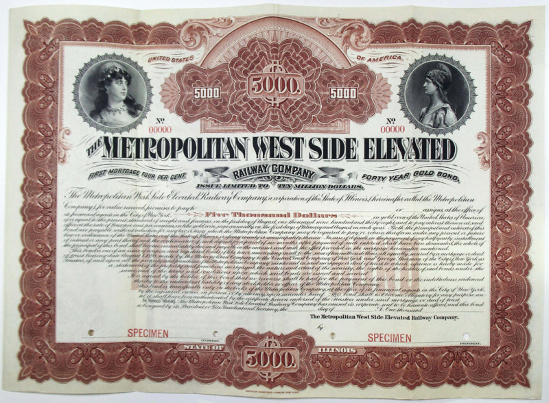 Chicago, Illinois, 1898. $5000 Specimen 4% Registered First Mortgage Gold Bond, ...
