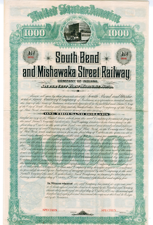Indiana. 1885 Specimen $1000 Six Per Cent First Mortgage Bond, green, horse draw...