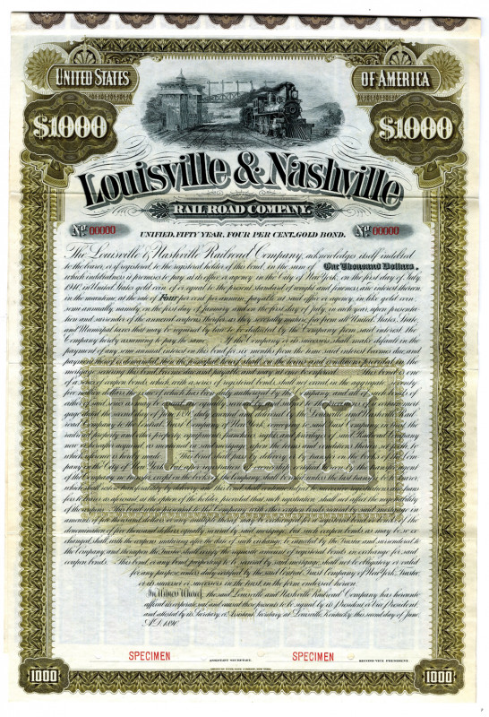 Kentucky. $1000 Specimen 4% Unified Gold Coupon Bond, Black print on olive green...