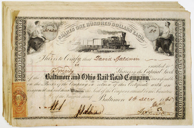 Maryland, 1865. 25 pieces, all the same: Odd Shares I/C Capital Stock Certificat...
