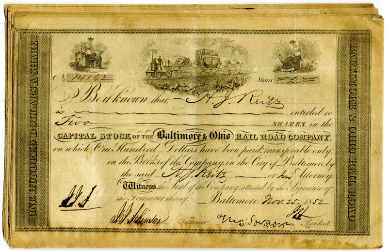 Maryland, 1852. 20 pieces, all the same: Odd Shares I/C Capital Stock Certificat...