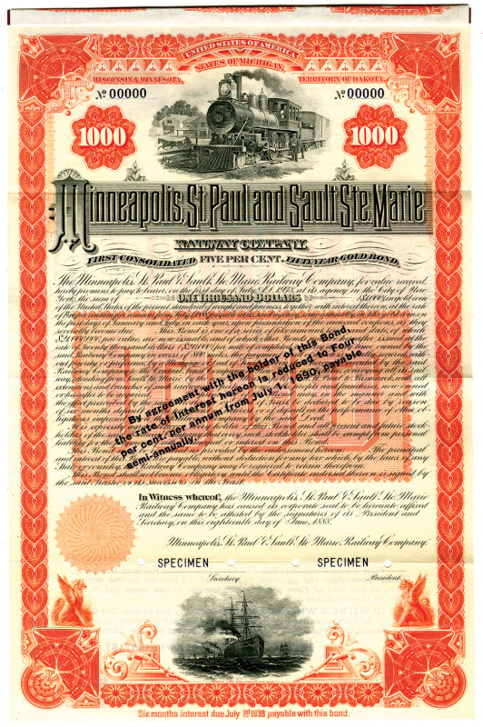 MI, WI, MN, DT, 1888. $1000 Specimen 5% First Consolidated Gold Coupon Bond, Bla...