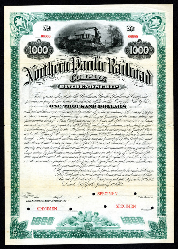 Minnesota, Specimen bond. 1883. $1000 6% Dividend Scrip. Green border and undert...
