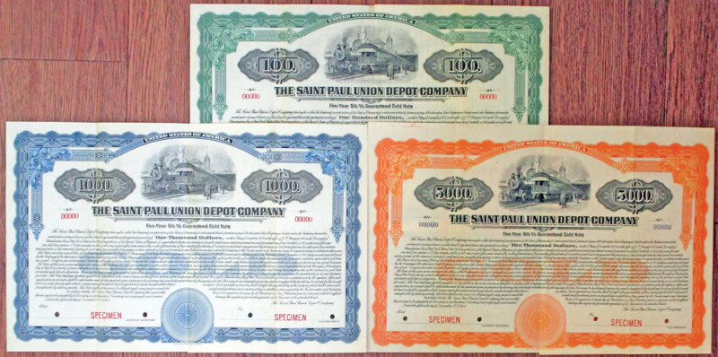 Minnesota, 1918. Trio of bonds, all Specimen 5.5% Guaranteed Gold Coupon Bonds: ...