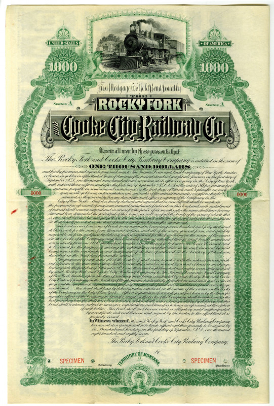 Montana Territory, 1887. $1000 Specimen 6% First Mortgage Gold Coupon Bond, Blac...