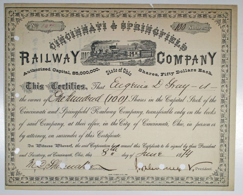 Cincinnati, Ohio, 1874. 100 Share I/C Capital Stock Certificate, S/N #107, Black...